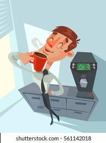 Coffee break. Happy office worker. Vector flat cartoon illustration 
