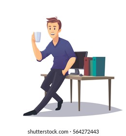 Coffee break. Happy office worker drinking coffee or tea leaning on table. Vector illustration