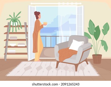 Coffee break at home flat color vector illustration. Drinkig warm tea in living room. Hygge lifestyle. Woman looking out of the window 2D cartoon character with interior on background