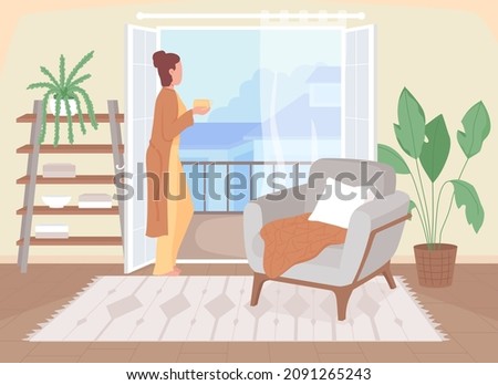 Coffee break at home flat color vector illustration. Drinkig warm tea in living room. Hygge lifestyle. Woman looking out of the window 2D cartoon character with interior on background