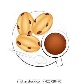 Coffee Break, Hot Coffee with Homemade Egg Cakes Isolated on White Background.