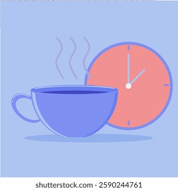 Coffee break icon. Clock with tea cup cartoon vector illustration on isolated pastel background. Breakfast time business concept.