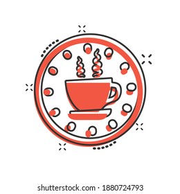 Coffee break icon in comic style. Clock with tea cup cartoon vector illustration on white isolated background. Breakfast time splash effect business concept.