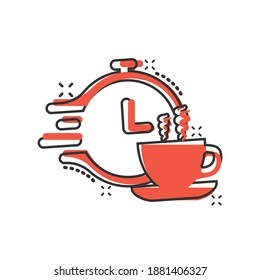 Coffee break icon in comic style. Clock with tea cup cartoon vector illustration on white isolated background. Breakfast time splash effect business concept.
