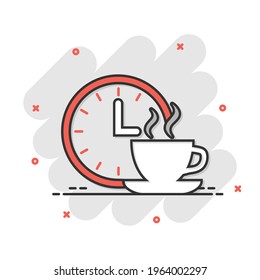 Coffee break icon in comic style. Clock with tea cup cartoon vector illustration on white isolated background. Breakfast time splash effect business concept.