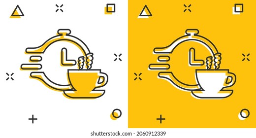 Coffee break icon in comic style. Clock with tea cup cartoon vector illustration on white isolated background. Breakfast time splash effect business concept.