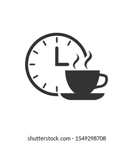 Coffee break icon in flat style. Clock with tea cup vector illustration on white isolated background. Breakfast time business concept.