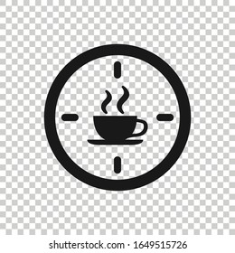 Coffee Break Icon In Flat Style. Clock With Tea Cup Vector Illustration On White Isolated Background. Breakfast Time Business Concept.