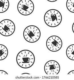 Coffee break icon in flat style. Clock with tea cup vector illustration on white isolated background. Breakfast time seamless pattern business concept.