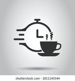 Coffee break icon in flat style. Clock with tea cup vector illustration on white isolated background. Breakfast time business concept.