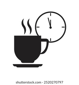 Coffee break icon in flat style. Clock with tea cup vector illustration on white isolated background. Breakfast time.
