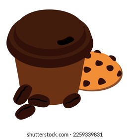 Coffee break icon isometric vector. Coffee in take away cup and crumb cookie. Breakfast time