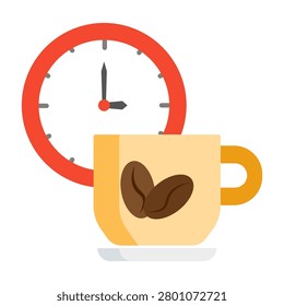 Coffee break icon with a red clock positioned behind a light brown coffee cup.