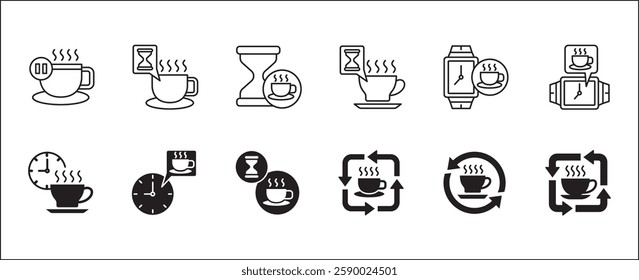 Coffee break icon set. Coffee cup icon collection. Icon set contain symbol of coffee time, rest hours, lunchtime, eat, cafe, watch, addict, hourglass, routine. Vector stock illustration.