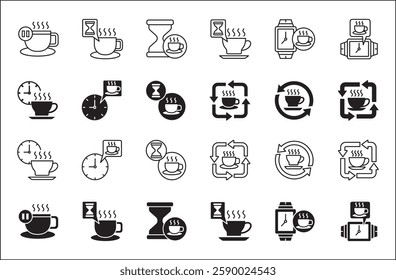 Coffee break icon set. Coffee cup icon collection. Icon set contain symbol of coffee time, rest hours, lunchtime, eat, cafe, watch, addict, hourglass, routine. Vector stock illustration.