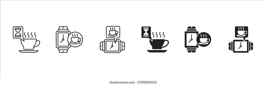 Coffee break icon set. Coffee cup icon collection. Icon set contain symbol of coffee time, rest hours, lunchtime, eat, cafe, watch, addict, hourglass, routine. Vector stock illustration.