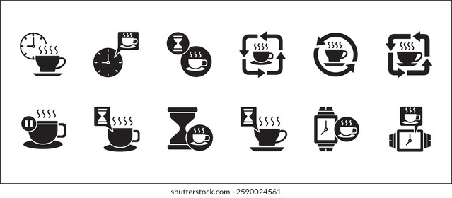 Coffee break icon set. Coffee cup icon collection. Icon set contain symbol of coffee time, rest hours, lunchtime, eat, cafe, watch, addict, hourglass, routine. Vector stock illustration.