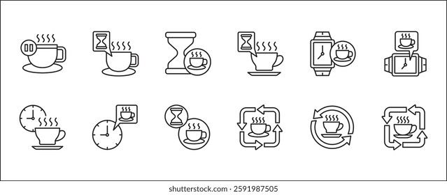 Coffee break icon set. Coffee cup icon collection. Icon set contain symbol of coffee time, rest hours, lunchtime, eat, cafe, watch, addict, hourglass, routine. Vector stock illustration.