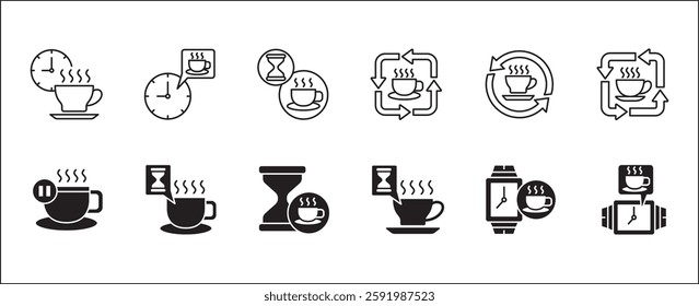 Coffee break icon set. Coffee cup icon collection. Icon set contain symbol of coffee time, rest hours, lunchtime, eat, cafe, watch, addict, hourglass, routine. Vector stock illustration.