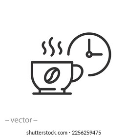 Kaffeepause-Symbol, Zeitungsgetränk, Tasse mit Uhr, Dünnzeilensymbol, Vektorgrafik eps10