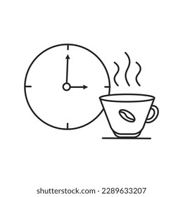 coffee break icon, time drink, cup with clock, thin line symbol, vector illustration eps 10.