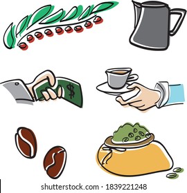 Coffee break icons: coffee beans pot robusta hands with money