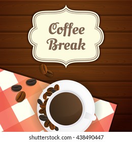 Coffee break illustration with cup of coffee and coffee beans, red checkered tablecloth on wooden table. Wooden background. Vector.