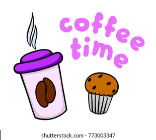 Coffee break illustration. Cup of coffee and cupcake on white background. Cartoon illustration