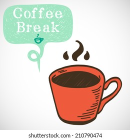 Coffee break illustration. Hand drawn doodle cup of coffee and sketchy speech bubble for the text, isolated on white background.