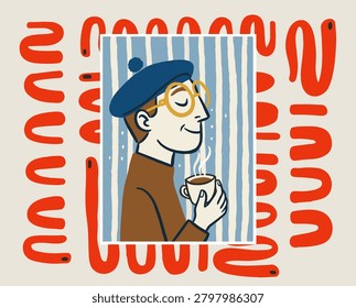 Coffee break illustration, man with beret, stylized character art, vintage design, hot drink, creative person, quirky graphic
