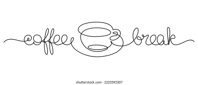 Coffee break inscription in continuous line art drawing style. Time to drink a coffee cup. Black linear design isolated on white background. Vector illustration
