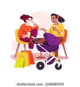 Coffee break isolated cartoon vector illustration. Moms with strollers drinking coffee at food court, talking and laughing, holding takeaway cup, break from shopping, many bags vector cartoon.