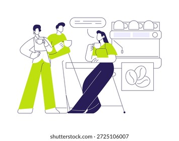 Coffee break isolated cartoon vector illustrations. Smiling diverse colleagues drink latte near coffee machine in smart office, communication process, modern workplace, beverage vector cartoon.