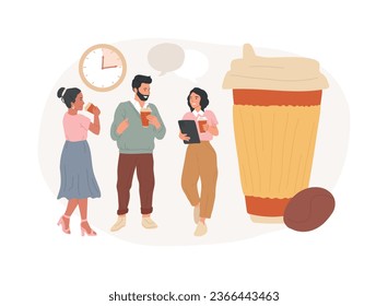 Coffee break isolated concept vector illustration. Hot drink vending machine, coffee break, low energy, energizing caffeine dose, office life, take away cup, cafe meeting vector concept.