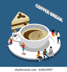 Coffee break isometric composition with cup of drink and people on saucer on blue background vector illustration