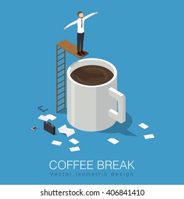 Coffee break isometric concept stock vector illustration. Business man has a break, leaves his case, papers, phone and glasses then jumps to the giant cup of coffee.