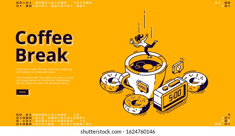 Coffee break isometric landing page. Girl falling to huge cup with hot beverage, donuts and alarm clock with 5 a.m time on dial. Business woman breakfast 3d vector illustration, line art web banner