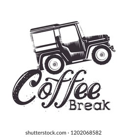 coffee break label with car