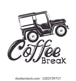 coffee break label with car