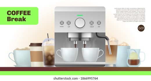 Coffee break landing page template. Modern coffee maker machine and cups of various coffee drinks website, homepage design realistic vector illustration