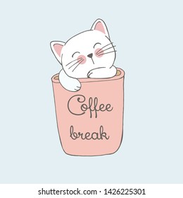 Coffee break lettering cup of coffee with cat illustration, hand drawn in minimalistic style. for prints posters cards postcards banners books and notebooks