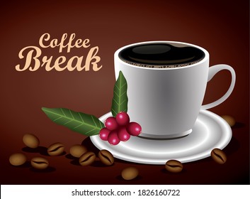 afiche de boletines para la pausa del café con diseño de ilustración vectorial de la naturaleza de la taza y las semillas