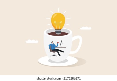 Coffee break with light bulb idea. 
Creativity or new Inspiration. work with hot drink. Planning with brainstorming. Employees sit and drink coffee in a giant cup.