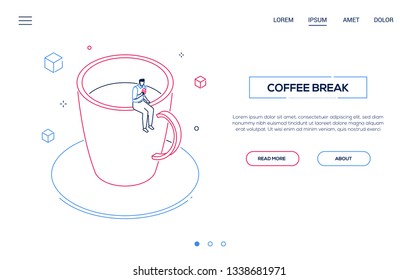 Coffee break - line design style isometric web banner on white background with copy space for text. Header with businessman, office worker sitting on a big cup, eating a donut, relaxing, having lunch