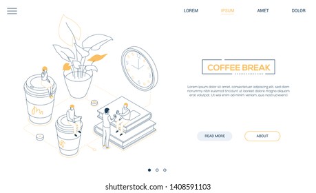 Coffee break - line design style isometric web banner on white background with copy space for text. A header with business people, male. female workers, cups, plant, books, clock. Office life concept