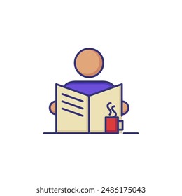 Coffee break line icon. Male character drinking coffee and reading newspaper. Business morning concept. Can be used for topics like work balance, daily routine, breakfast