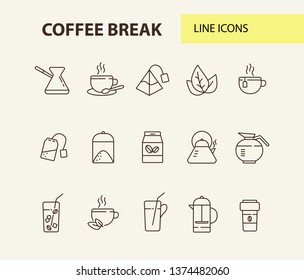 Coffee break line icon set. French press, tea pot, glass and straw. Drink concept. Can be used for topics like coffee shop, cafe menu, restaurant