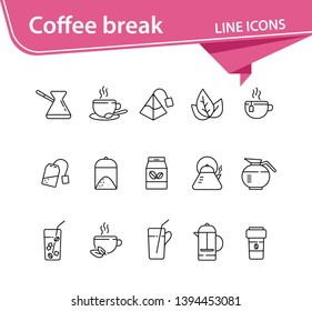Coffee break line icon set. French press, tea pot, glass and straw. Drink concept. Can be used for topics like coffee shop, cafe menu, restaurant