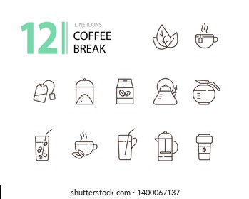Coffee break line icon set. French press, tea pot, glass and straw. Drink concept. Can be used for topics like coffee shop, cafe menu, restaurant