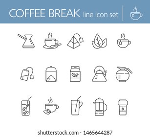 Coffee break line icon set. French press, tea pot, glass and straw. Drink concept. Can be used for topics like coffee shop, cafe menu, restaurant